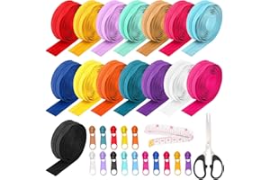 Hiceeden 45 Yards 15 Pcs #5 Sewing Zippers with 90 Pcs Pull Heads, Scissor, Ruler, Assorted Lengths Nylon Coil Zippers, Bulk 
