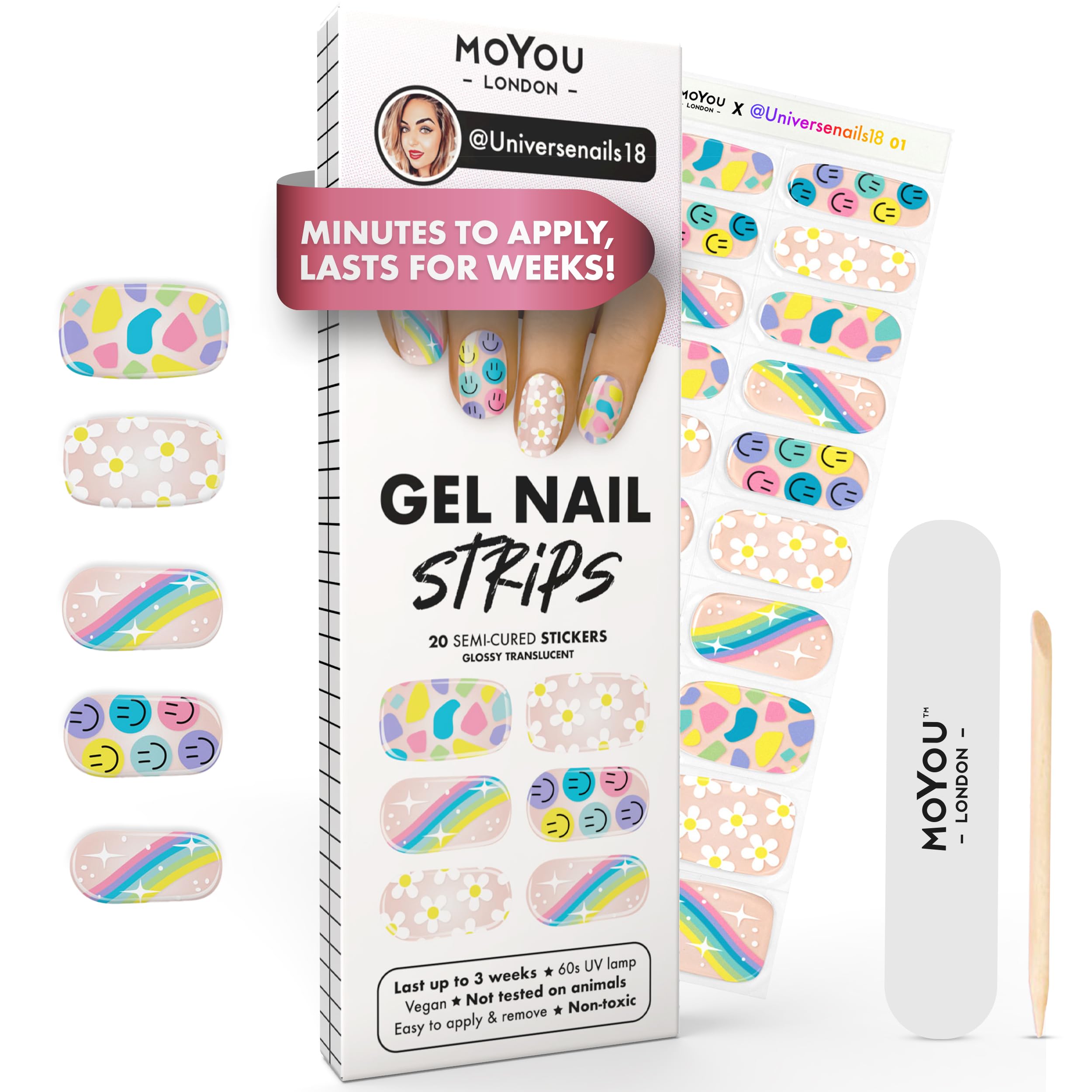 MOYOU LONDON Semi Cured Gel Nail Strips - 20 Pcs. Waterproof Gel Nail Wraps, Cures in Sunlight or UV/LED Lamp, Lasts Up to 2+ Weeks, Stretchable, Easy to Apply & Remove, Vegan & Cruelty-Free