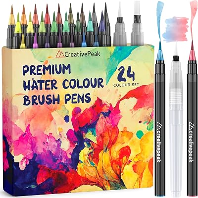CreativePeak Watercolour Brush Pens 24 Colors with 2 Blending Brushes Premium