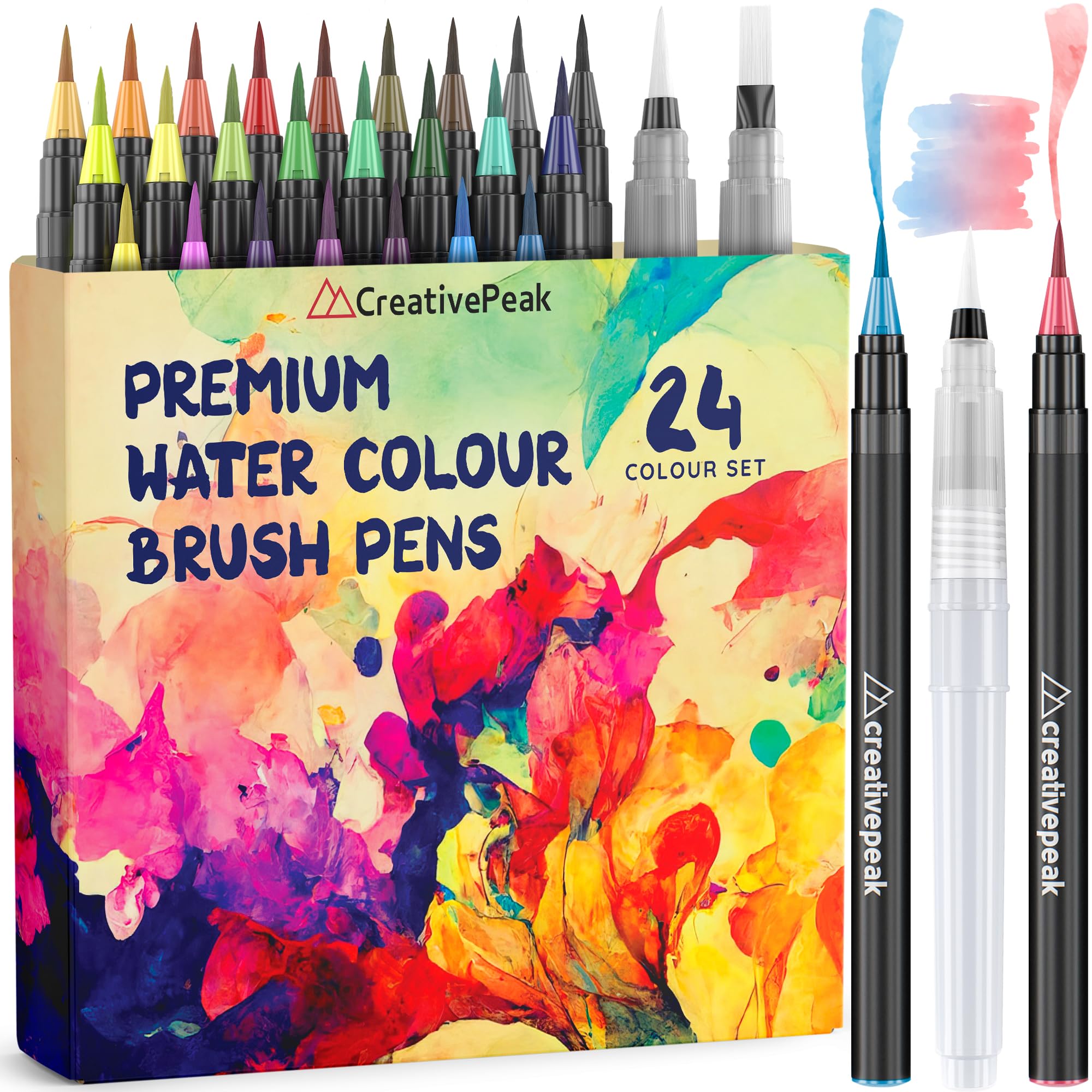 Watercolour Brush Pens, 24 Vibrant Soft Tip Colouring Markers w/ 2 Blending Brushes, Watercolour Brush Pen Set for Calligraphy, Lettering, Colouring & Journaling, Premium Art Supplies by CreativePeak