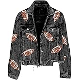 Xunger Women’s Football Corduroy Sequin Jacket Cropped Distresses Rugby Patched Shacket Coat