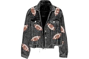 Xunger Women’s Football Corduroy Sequin Jacket Cropped Distresses Rugby Patched Shacket Coat