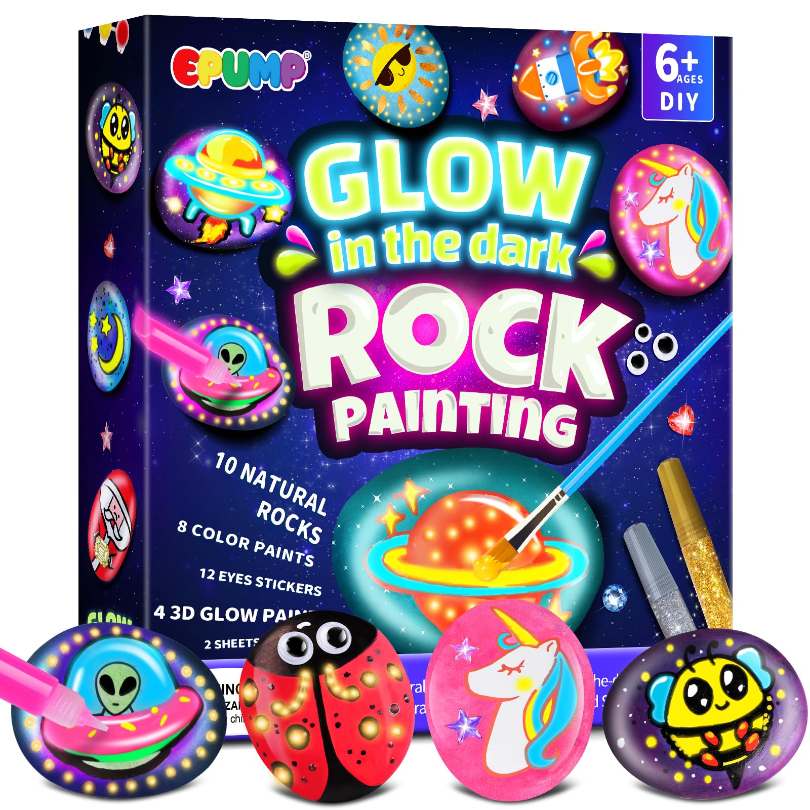 EPUMP Rock Painting Kit - Arts and Crafts for kids Ages 6-12 - Glow-in-the-Dark Stone Painting - Art Supplies - Creative Kids Painting Set Toys - Perfect Christmas and Birthday Gift for Boys and Girls