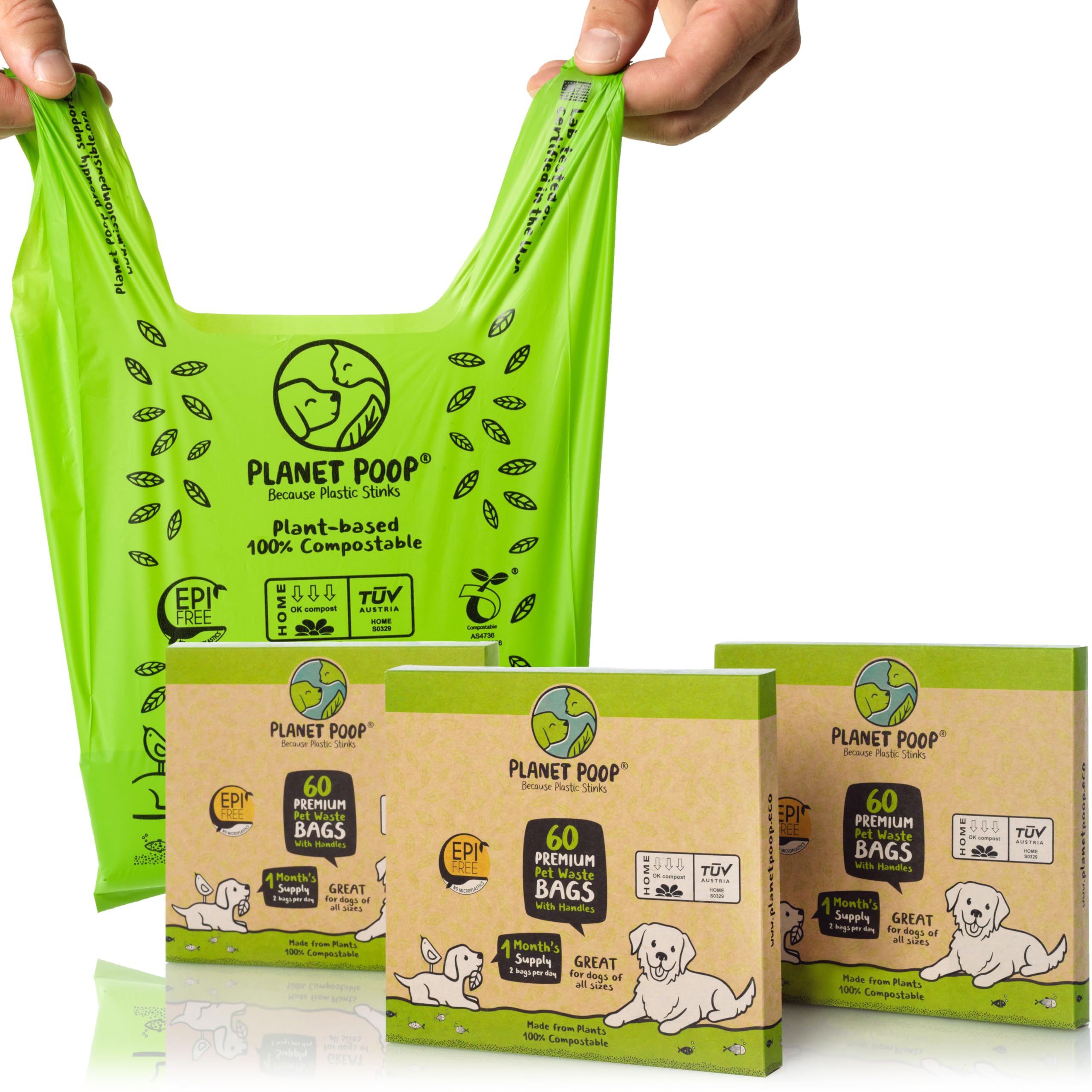 PLANET POOP Home Compostable Poo Bags with Handles, Standard Size 180 Count, Biodegradable Un-Scented Dog Waste Bag, Thick Leakproof Doggy Cat Bag, Plant-Based Eco & Earth Friendly Green Pet Supplies