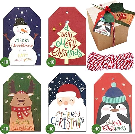 Christmas Gift Tags with String, 50Pcs Xmas Kraft Paper Tags Card with Cotton Red White Twine