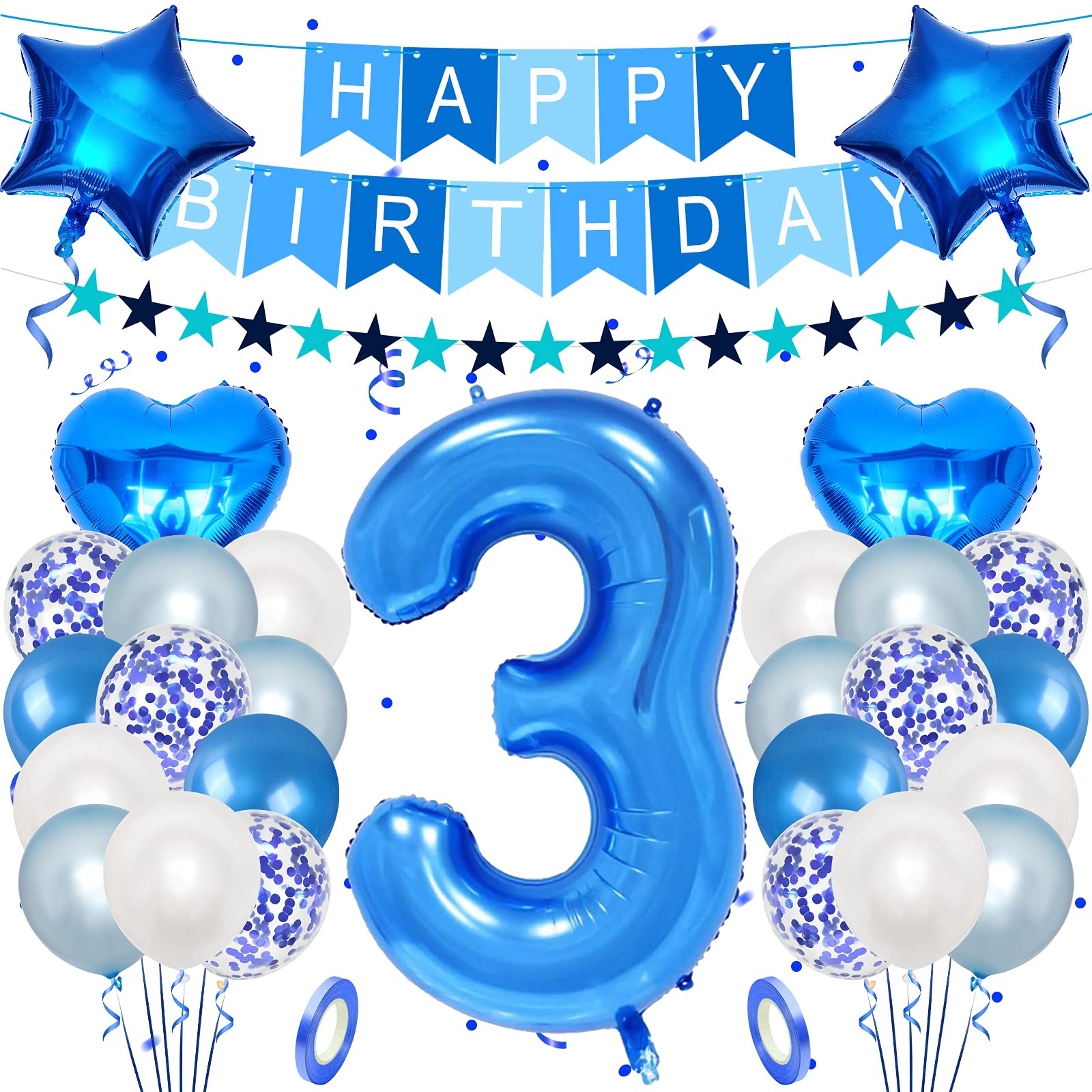 Unisun 3rd Birthday Decorations for Boy, 40 Inch Helium Foil Balloon Number 3, Light Blue White Confetti Latex Balloons, Happy Birthday Banner with Ribbon for 3 Year Kid's Party Supplies