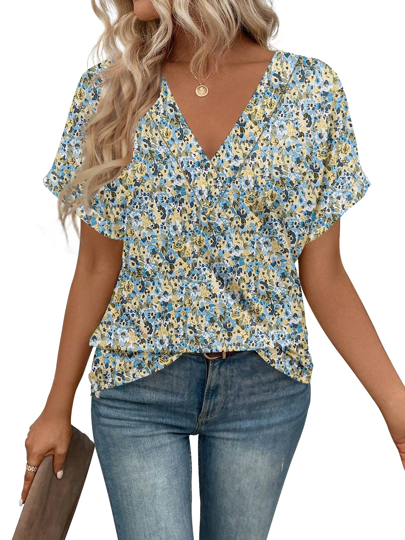 Photo 1 of (XXL) (USED/FAIR) EyMuse Short Sleeve Womens Tops Summer V-Neck Blouses Spring Tunic T-Shirts Casual Classic Floral Dressy Outfits, Navy Print,XXL
