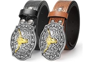JASGOOD 2 Pack Western Belt Cowboy Belts for Men Women, Western Leather Belts Bull Buckle Embossed Leather Belt for Jeans