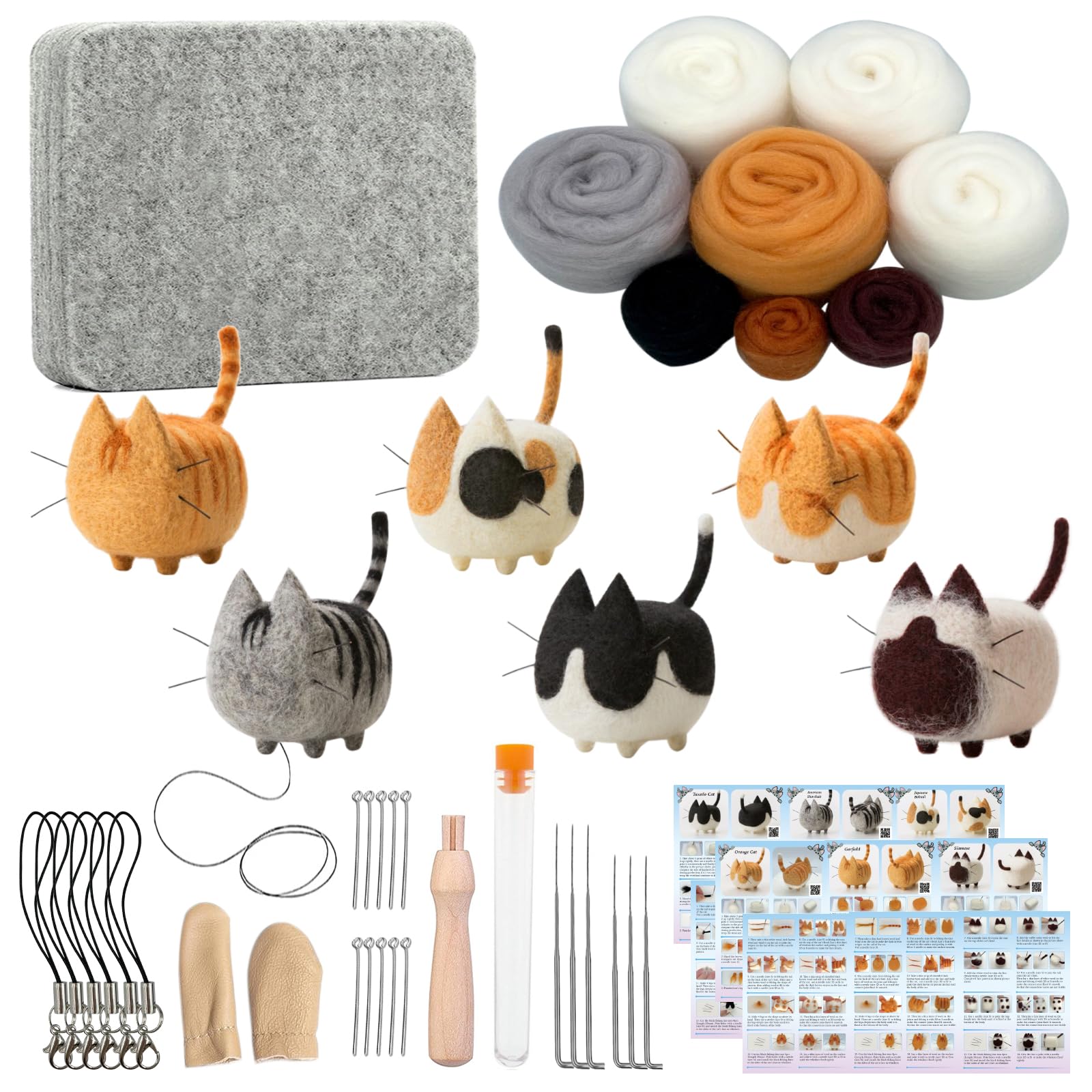 Truslin Faceless Cats 6pcs Needle Felting Kit, Craft Kits for Adults UK, Punch Needle Kit with Felting Supplies, Wool and Tools