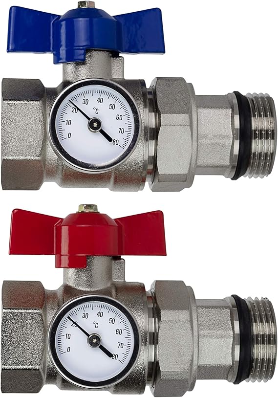 1'' Ball Valves Pair and Temperature Gauge for Underfloor Heating