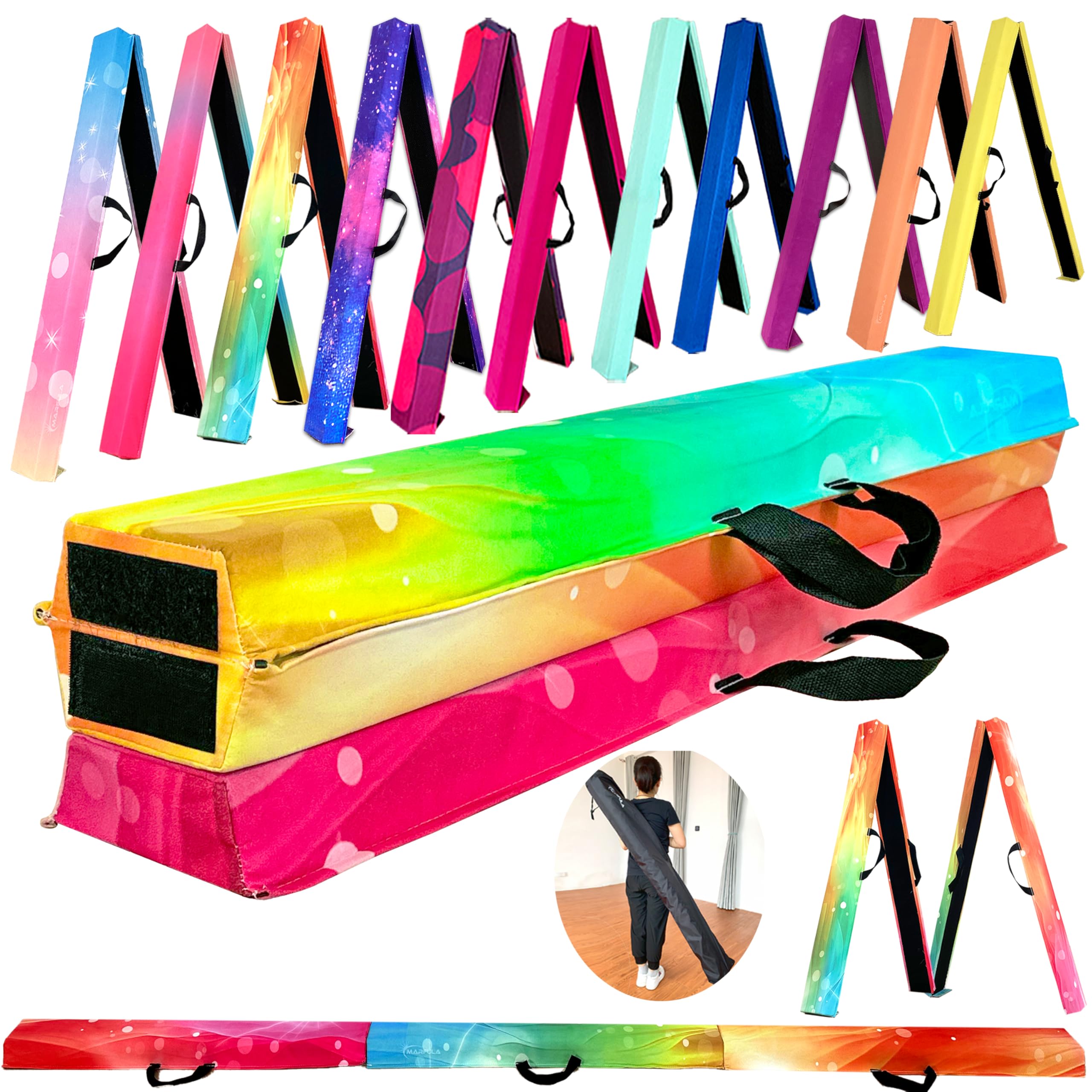 MARFULA 6 FT / 8 FT / 9 FT Folding Gymnastics Beam Foam Balance Floor Beam - Extra Firm - Suede Cover - Anti Slip Bottom with Carry Bag for Kids/Adults Home Use Image