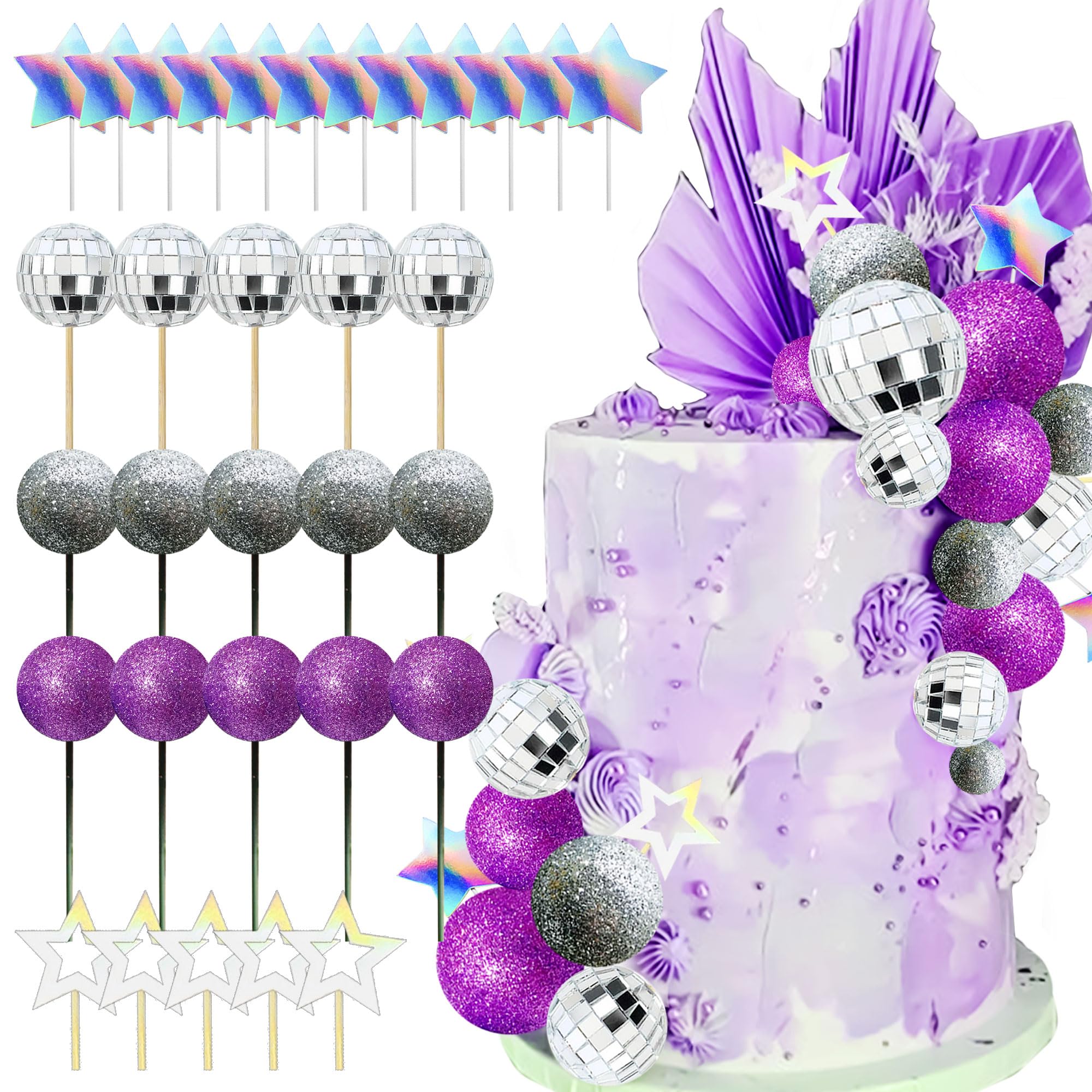 JeVenis Purple Disco Balls Cake Topper Dancing Queen Cake Topper 80s Cake Decorations Silver Cake Balls Purple Cake Decorations