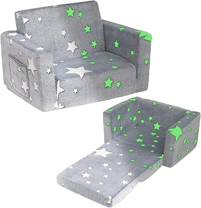 BEJOY Kids Sofa Bed 2-in-1 Grey with Stars Flannel Cuddly Toddler Couch