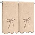 Fanfanwin 2 Pcs Scalloped Hand Towels for Bathroom 26 X13 Embroidery Coquette Bow Hand Towels 100% Cotton Soft Absorbent Boho Bath Decor for Kitchen Bathroom(Brown)
