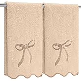 Fanfanwin 2 Pcs Brown Scalloped Hand Towels for Bathroom 26 x 13 Embroidery Coquette Bow Hand Towels 100% Cotton Soft Absorbent Boho Bath Decor for Kitchen Bathroom