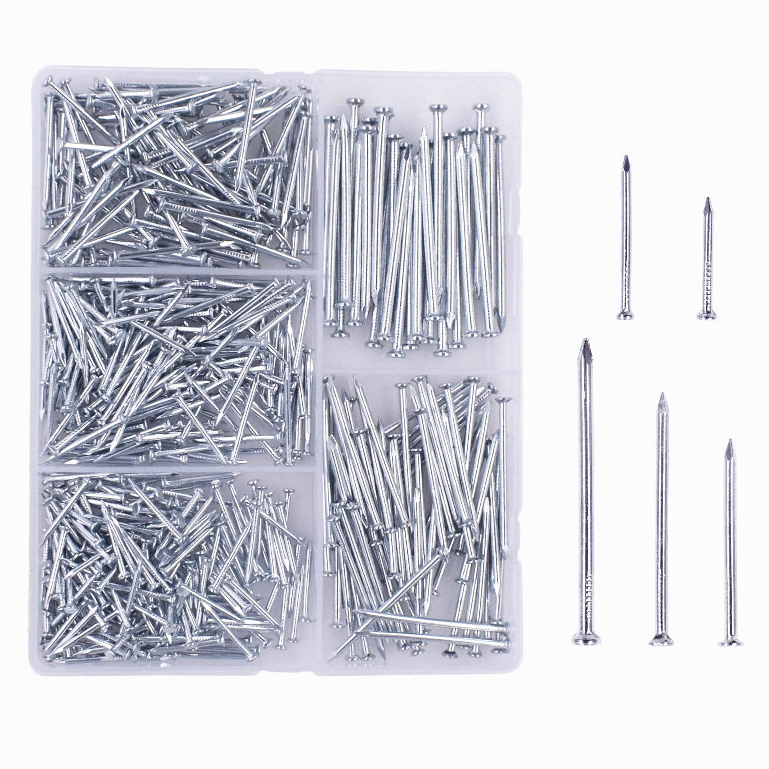 510pcs Galvanized Steel Nails Kit,Hanging Pictures Nails in 5 Different Sizes with The Length 0.75 to 2 Inches , Wood Nails, Wall Nails Sorted in The Assortment Box