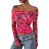 PRETTYGARDEN Womens Tops 2026 Spring Off The Shoulder Long Sleeve Fitted Y2k Shirts Floral Ruched Mesh Going Out Outfits