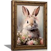 KKP Vintage Gold Framed Easter Bunny Wall Art, Pink Floral Rabbit Print | Soft Cottagecore Farmhouse Wall Decor, Spring Holiday Cottage Decor for Nursery Kids Living Room Bedroom 9x11 Inch
