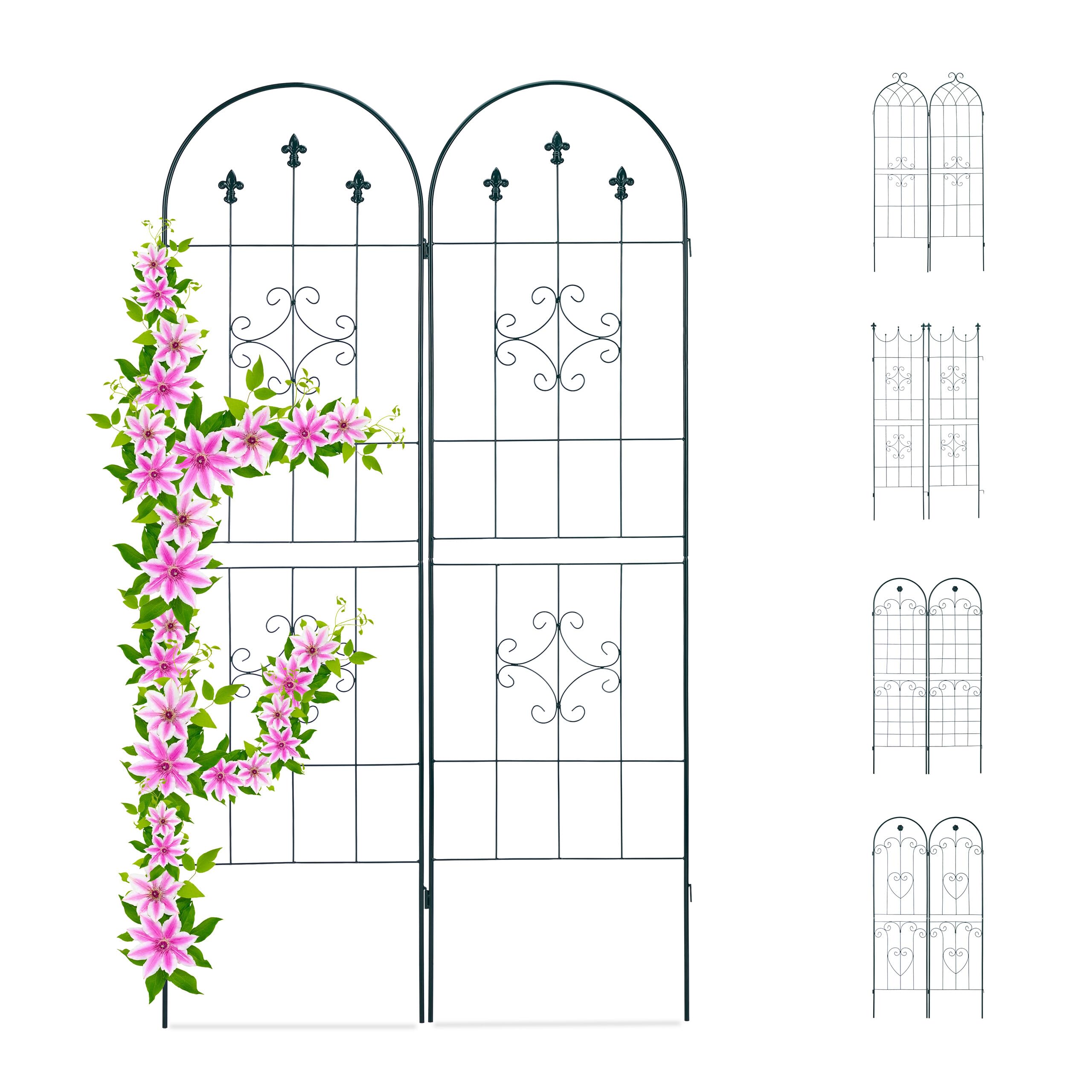 Relaxdays Trellis Set of 2, Metal, 180 x 50 cm, Garden Climbing Aid, Vintage, Ornate Tips + Arch, Freestanding, Green