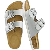 CUSHIONAIRE Lane Cork Footbed Sandals for Women – Comfortable Double Buckle Slip-On with Genuine Suede Footbed & Arch Support Slides for Women Footwear