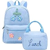 Dansydaisy Corduroy School Backpack Set Preppy Book Backpack and Lunch Bag with Crochet Flower for Girl Back to School Gift(Blue)
