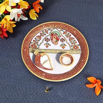 HANDICRAFTS PARADISE Marble Floral Design Pooja/PUJA THALI HPMR15087
