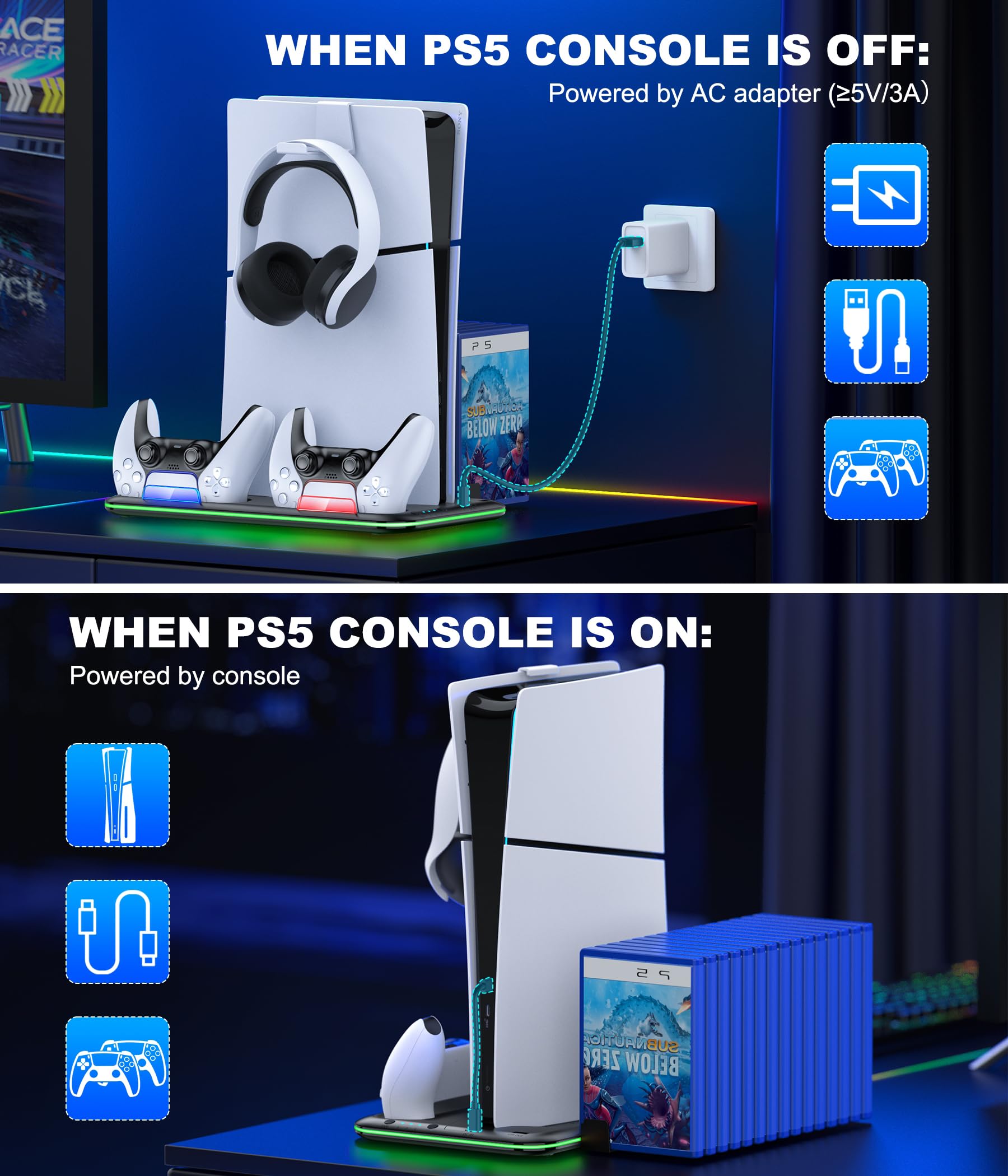 PS5/PS5 Slim Stand and Cooling Station with Controller Charging Station for Playsation 5, PS5 Accessories Kit Incl. 3 Levels Cooling Fan, LED, 15 Game Slot, Headset Holder for PS5 Digital/Disc Console