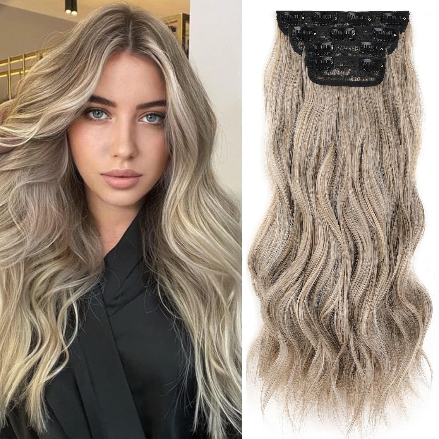 Mscat 20 Inch Wavy Hair Extensions - Ash Brown & Blonde Clip-in Set (4PCS Full Head, Thick Curly Wavy Synthetic Hair) — image 1