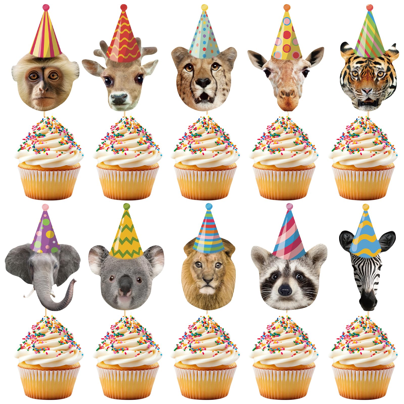 Hooqict 40Pcs Safari Animal Cupcake Toppers Party Animal Birthday Cake Decorations Jungle Theme Cupcake Toppers for Kids Wild Zoo Party Supplies