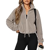 Riyiper Women's Fleece Jacket Cropped Zip Up Lightweight Sweatshirts Stand Collar Winter Sherpa Long Sleeve Coat 2025 Trendy(Khaki,XX-Large)