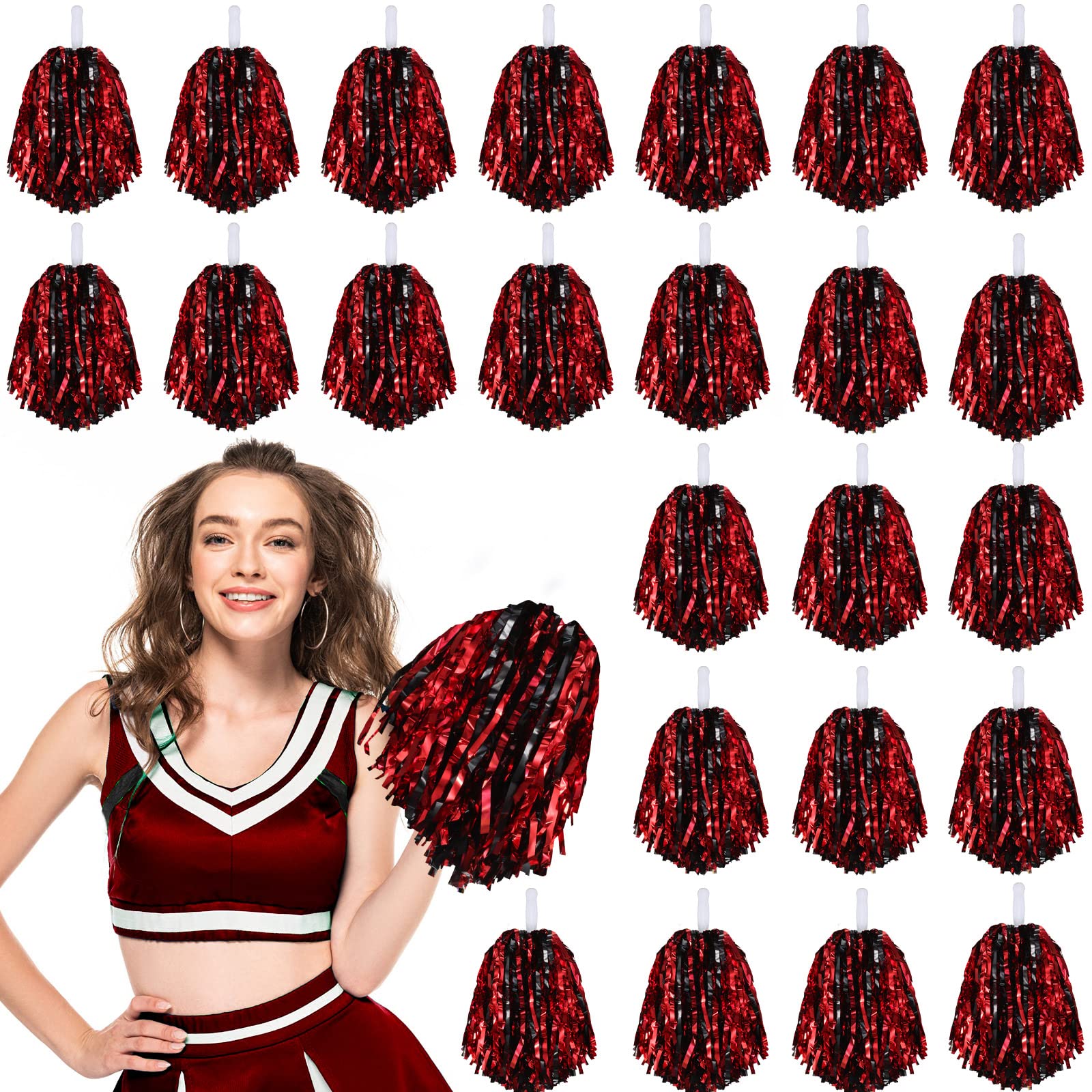 Photo 1 of 24 Pcs Pom Poms Cheerleading Cheerleader Spirited Cheer Baton Handle Metallic Foil for Sports Team Party Dance Cheering(Black, Red)