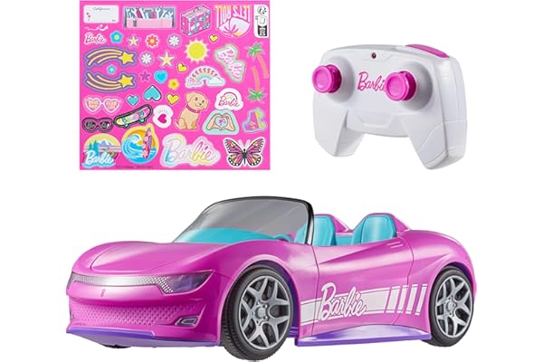 Hot Wheels Barbie RC Toy Car, Remote-Control Pink Convertible, Can Hold 2 Barbie Fashion Dolls & Trunk Opens for Storage, Sti