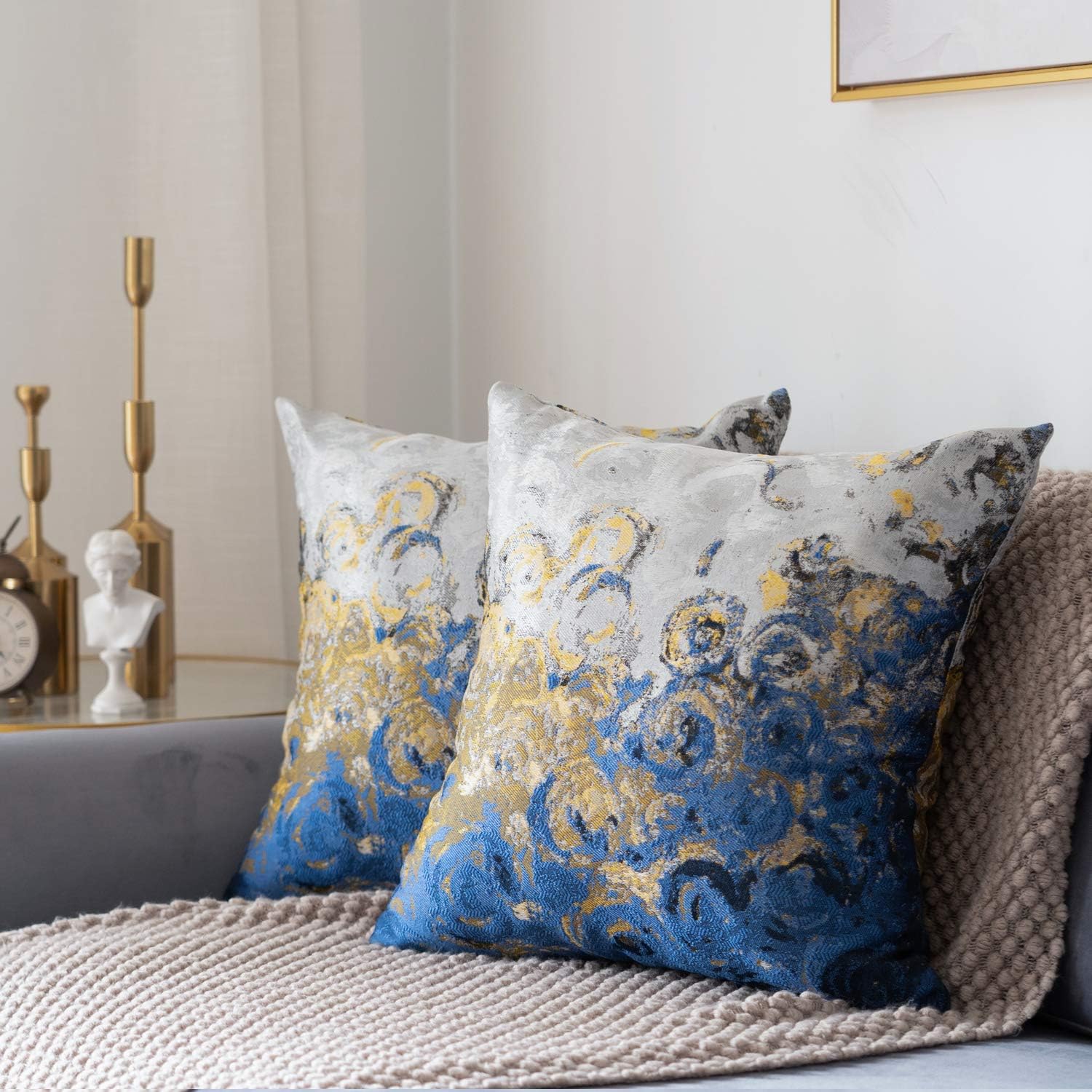 sykting Blue and Yellow Pillow Covers Jacquard Abstract Art