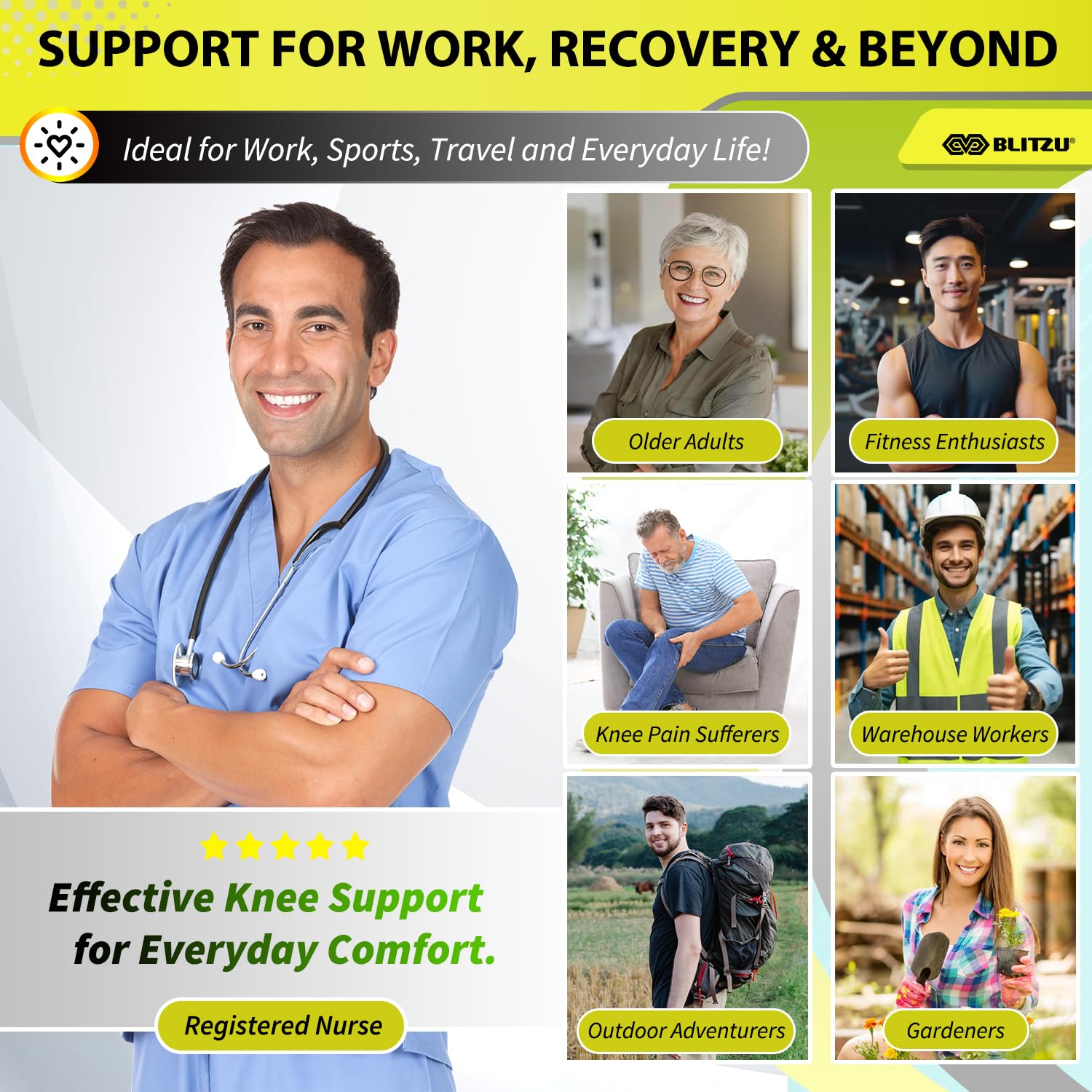 Knee Brace for Women & Men, 2 Pack Compression Knee Brace, Knee Support Sleeve for Pain Relief, Running, Workout, Sports, Knee Braces for ACL, Meniscus Tear, Arthritis and Injury Recovery Black L