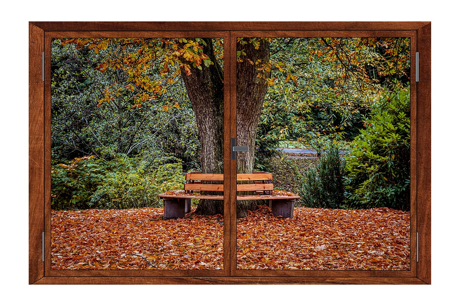 3D Retro Style Fake Window View Picture Wall Sticker Mural Decal for Home Decoration - Long Chair in Peaceful Forest