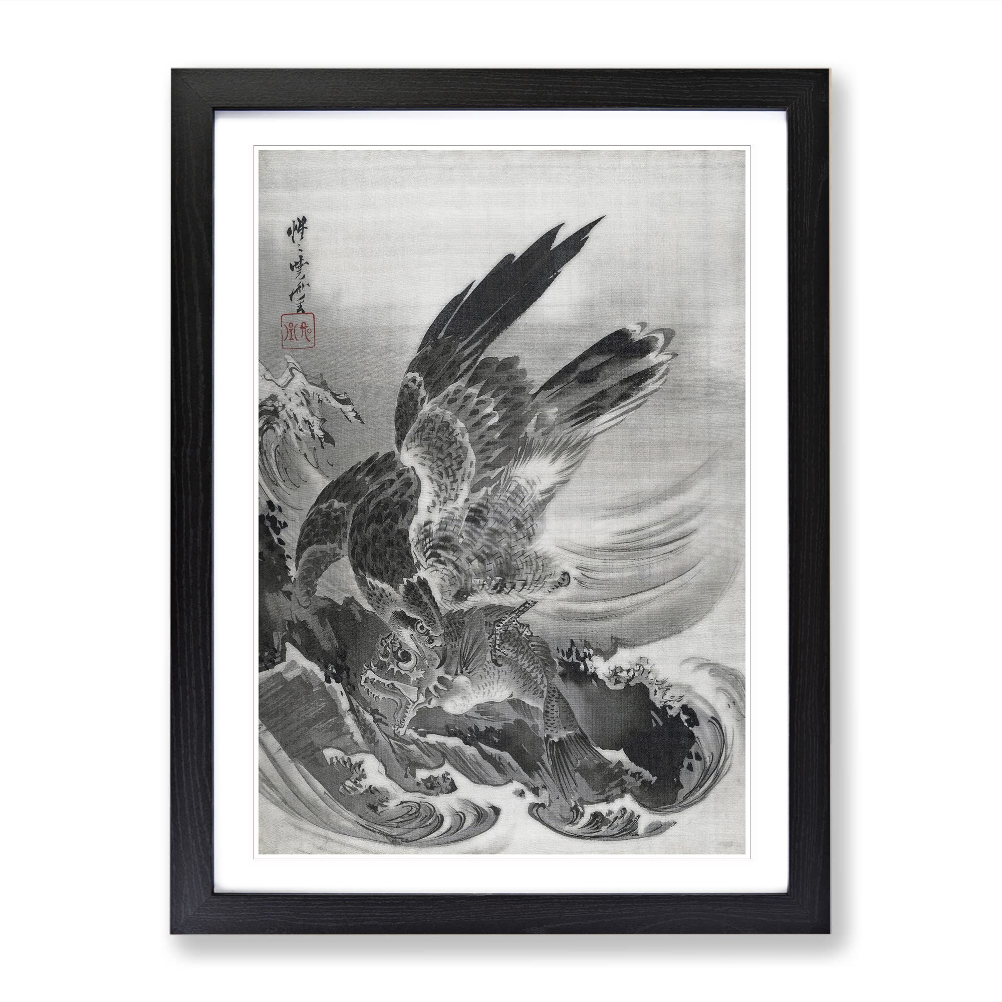 Eagle Attacking Fish By Kawanabe Kyosai Asian Japanese Framed Wall Art Print, Ready to Hang Picture for Living Room Bedroom Home Office Décor, Black A4 (34 x 25 cm)