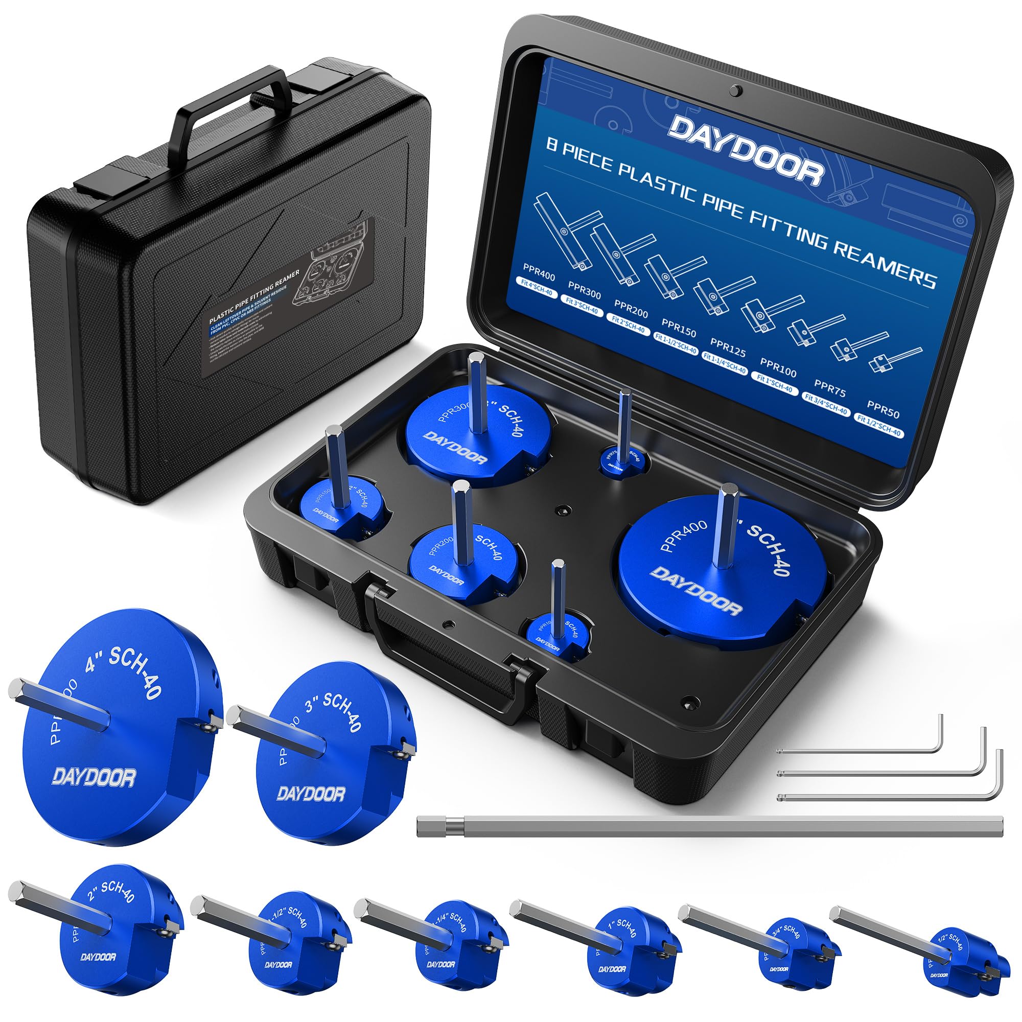 Photo 1 of DAYDOOR PVC Pipe Reamer Kit, Plastic Pipe Fitting Reamer Contains 1/2'', 3/4'', 1'', 1 1/4'', 1 1/2'', 2'', 3'', 4'', Fit into Standard 1/2" Drill, for Use with Sch. 40 PVC, CPVC or ABS Fittings-8PCS