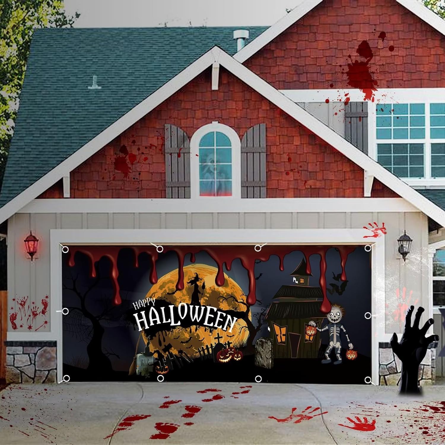 Garage Door Decorations - 7 x 16 ft Halloween Garage Door Cover Banner Ultra Large Halloween Banner Cover Murals Horror Bloody Party Pumpkin Handprints Ghost Haunted Halloween Garage Door Banner Decorations Indoor and Outdoor