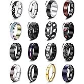 BESTEEL 16Pcs Stainless Steel Fidget Rings for Men Women Stress Anxiety Relief Rings Black Cool Chain Band Spinner Rings Set for Wedding Promise Mens Rings Pack