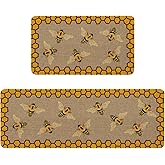 HSOWKDN Summer Bee Kitchen Rugs Sets of 2 Non Slip Washable, Farmhouse Rustic Summer Kitchen Mats for Floor 2 Piece Home Deco
