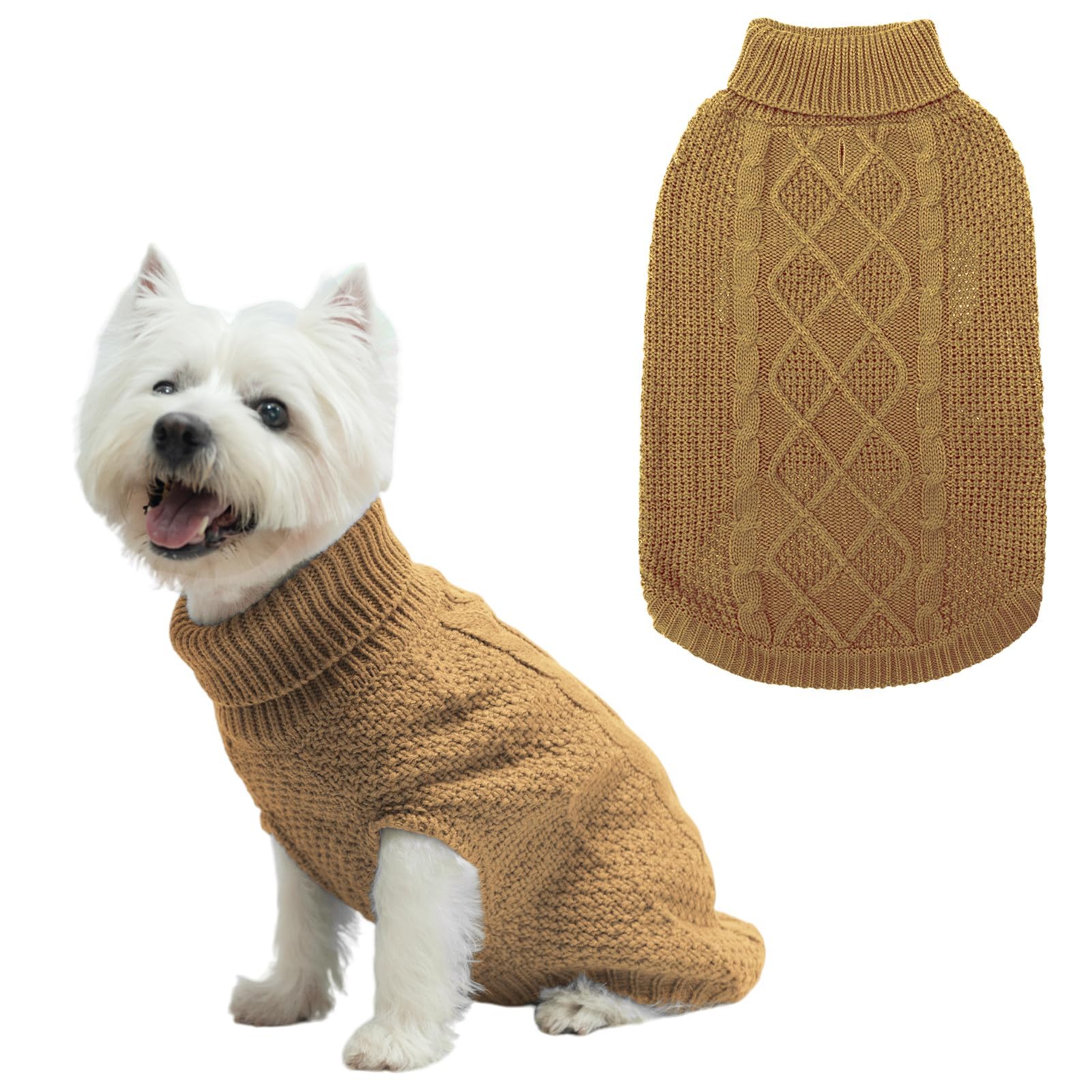 Mihachi Turtleneck Dog Jumper - Dog Sweater Winter Coat Apparel Classic Cable Knit Clothes with Leash Hole for Cold Weather