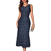 BeryLove Sequin Formal Sparkly Homecoming Gowns Evening Party Cocktail Bodycon Midi Wedding Guest Dresses Long Sparkle Sleeveless Prom Ruched Cowl Neck Dress 0035 Navy L