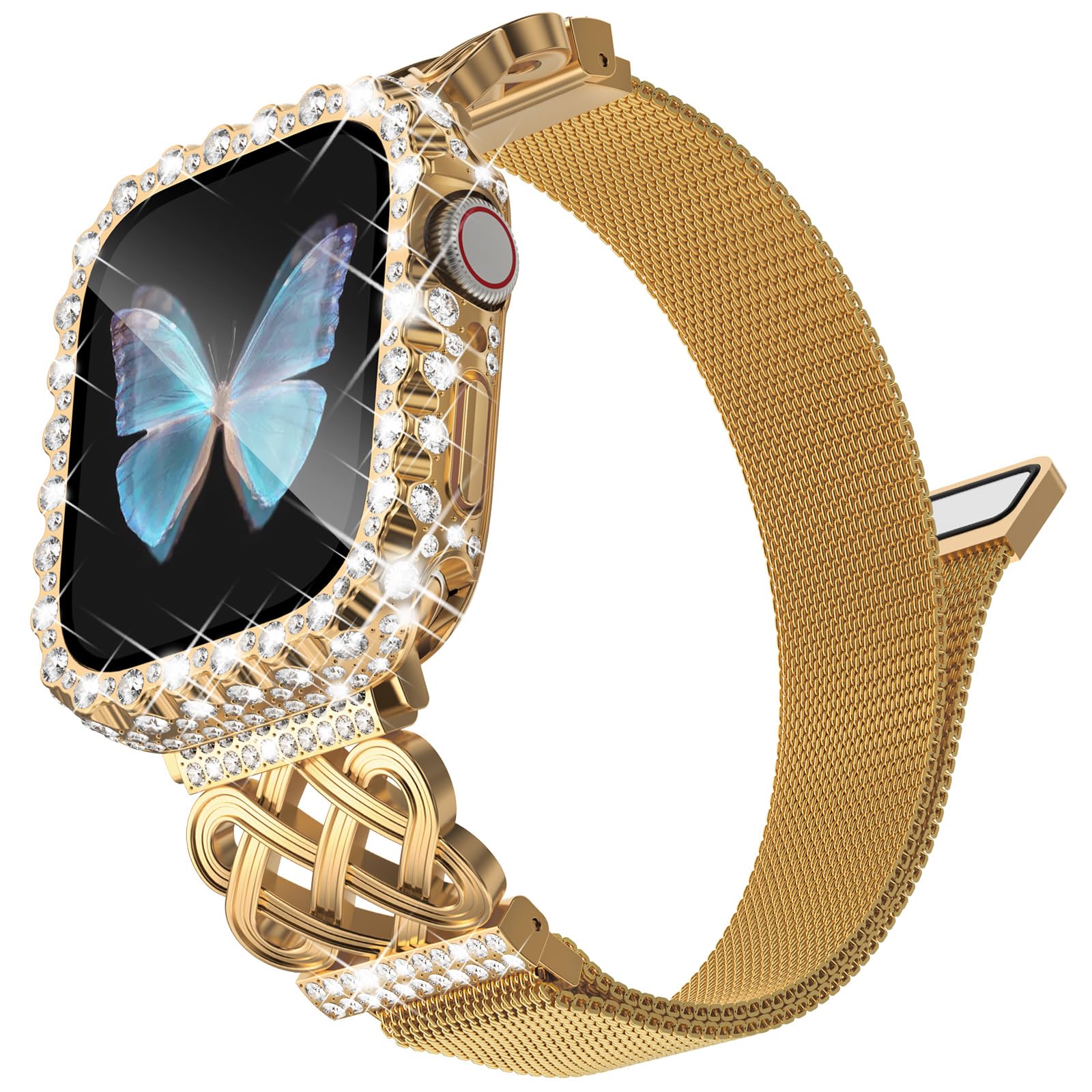 KADES Compatible for Apple Watch Bands 40/41/44/45mm Women, Designer Dressy Interlock Buckle Band with 2 in 1 Bling Waterproof Case for iWatch Series 9/8/7/6/5/4/SE/SE(2nd)