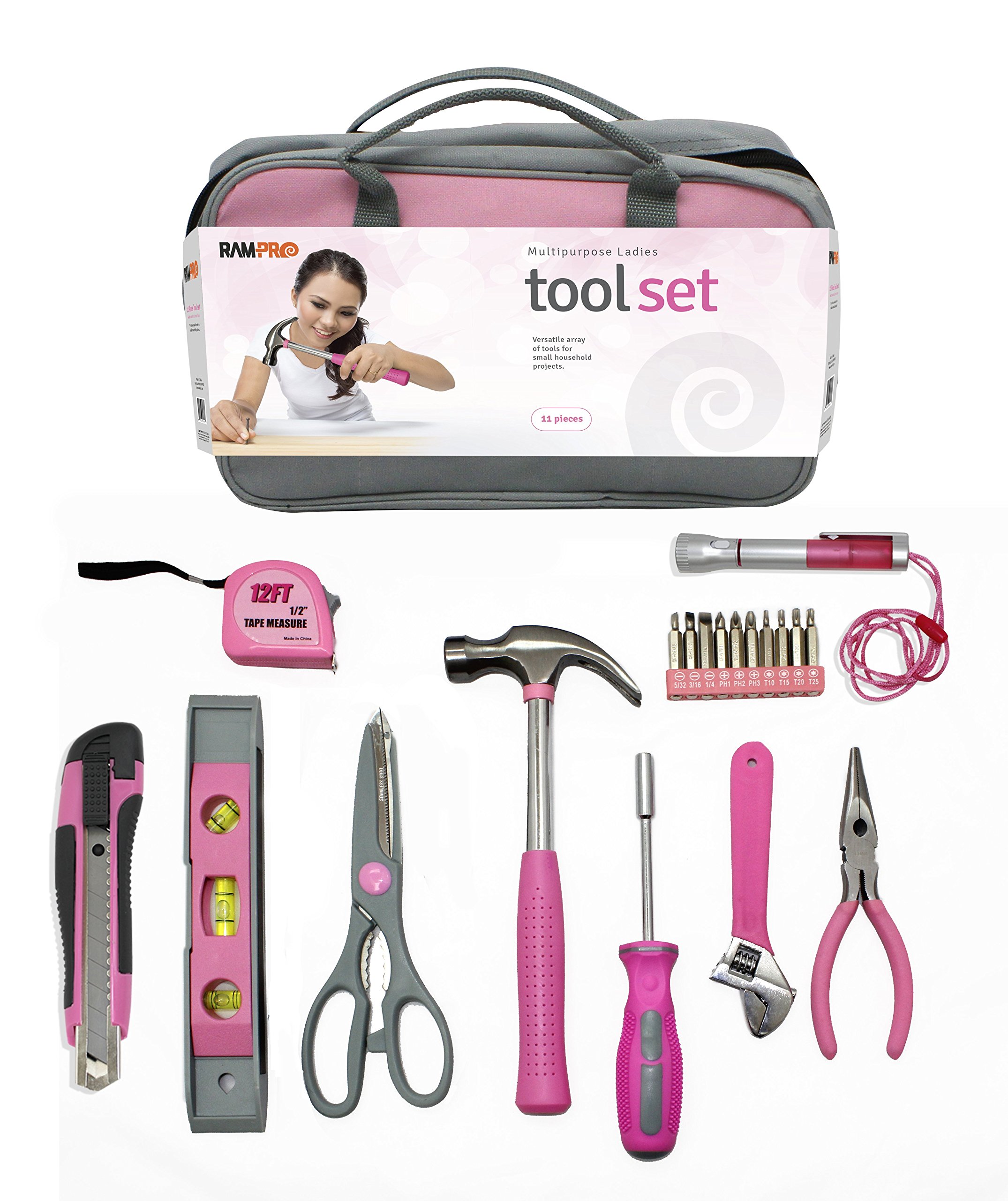RAMPRO 11 Piece Pink General Hand Tool Set with Cute Pink Zippered