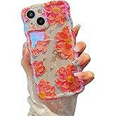 XIZYO Case for iPhone 15, Colorful Retro Oil Painting Flower Cute Floral Aesthetic Curly Wave Frame Laser Glossy Reflective Exquisite Stylish Protective Cover Women Girls-Pink Flower/Green