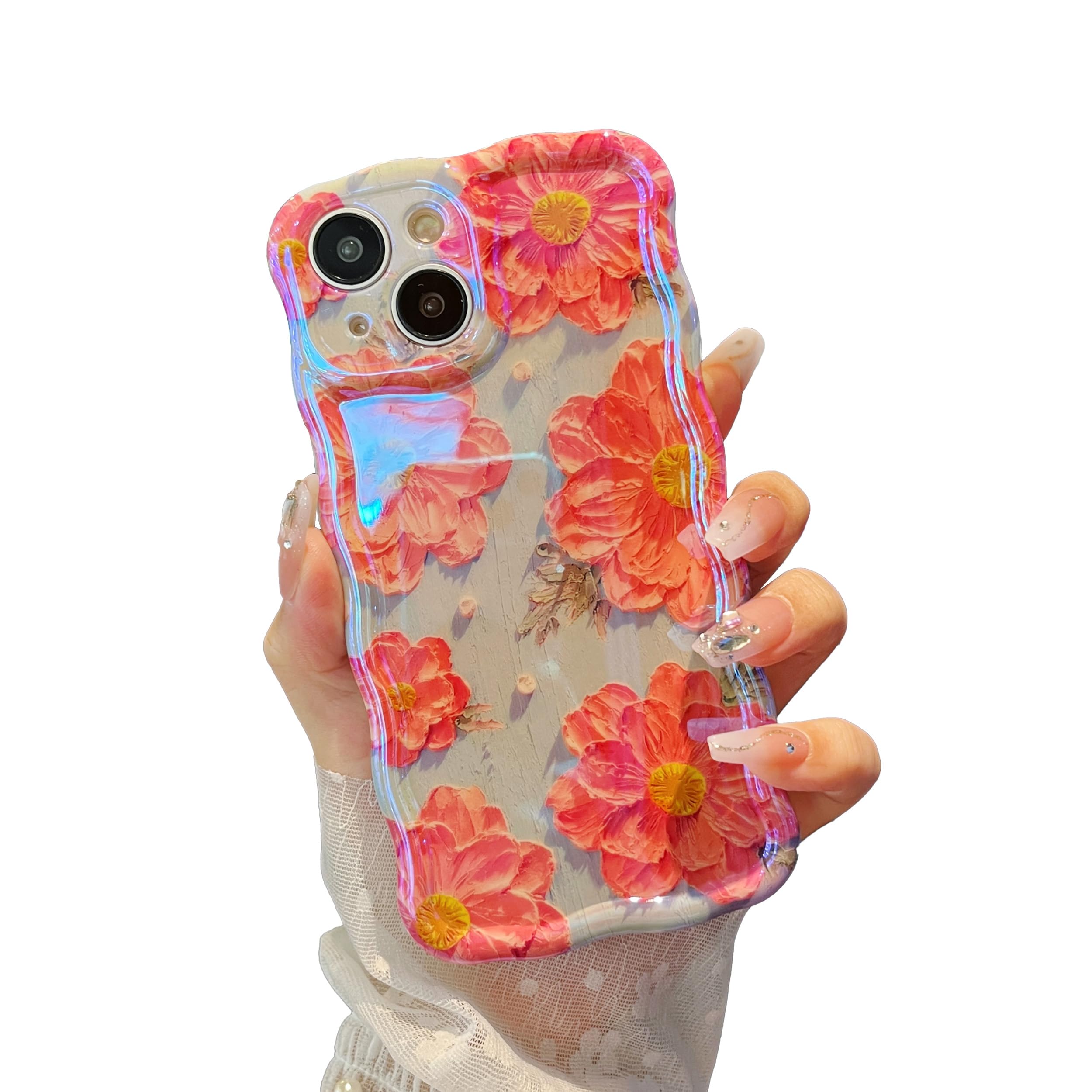 XIZYO Colorful Retro Oil Painting Flower Case for iPhone 14 Plus/15 Plus, Curly Wave Laser Glossy Cute Floral Aesthetic Phone Case, Girls Women Slim Soft TPU Shockproof Cover, Pink Flower/Green