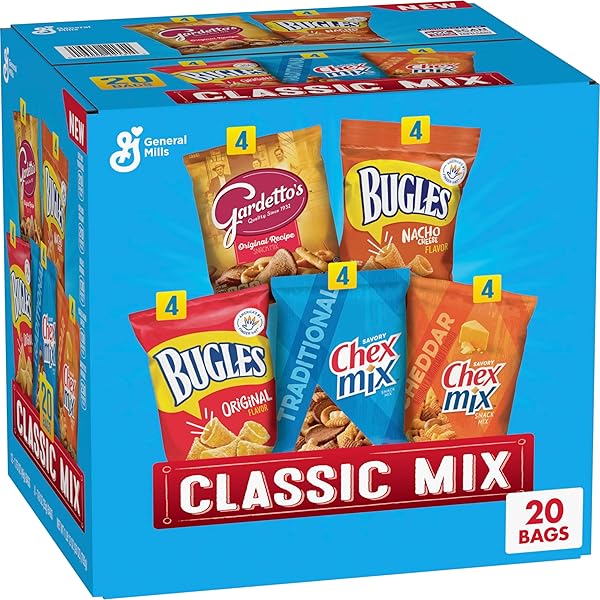 CLASSIC MIX SNACK VARIETY PACK, BUGLES ORIGINAL AND NACHO CHEESE, GARDETTO’S ORIGINAL RECIPE, CHEX MIX TRADITIONAL AND CHEDDAR, 20 CT, 28 OZ