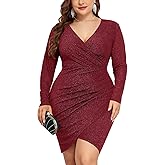 ZOMVA Plus Size 0X-4X Sparkly Glitter Ruched Bodycon Mini Dress Sparkle Sequin Wrap Ruffle Sleeve Dress Cocktail Party Formal