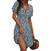 FENSACE Womens Sundress Summer Floral Short Sleeve Wrap V Neck A-Line Midi Dress