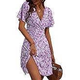 FENSACE Womens Sundress Summer Floral Short Sleeve Wrap V Neck A-Line Midi Dress